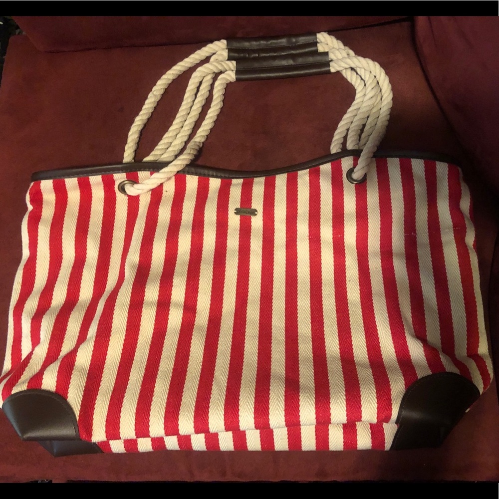 Red Striped Natural Tote Bag by Sun N Sand